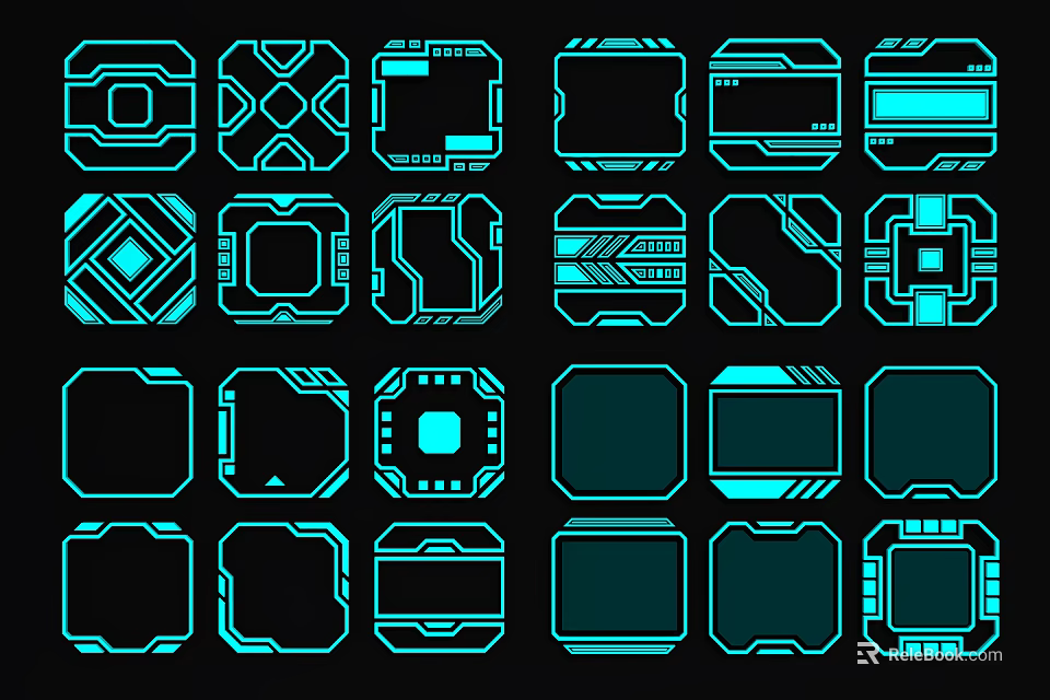 Geometric Pendants with Various Patterns and Blue Glowing Borders on Black Background 3d model 