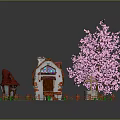 Modern Rural Scene With Small House Pink Cherry Blossom Tree Wooden Fence And Well