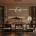 Chinese Style Tearoom With Wooden Table Chairs And Landscape Decor