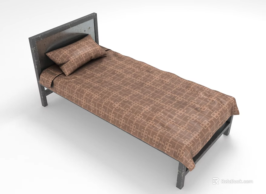 Simple Single Bed With Black Frame Brown Checkered Bedspread And Pillow 3d model 