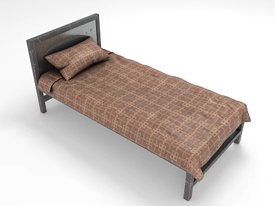 Simple Single Bed With Black Frame Brown Checkered Bedspread And Pillow 3d model