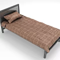 Simple Single Bed With Black Frame Brown Checkered Bedspread And Pillow 3d model