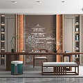 Modern Chinese Tea Room Interior With Traditional Pavilion Mural Wooden Furniture And Tea Sets