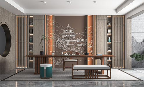 New Chinese Style Tea Room Zen Style Tea Room Study Tea Table and Chair Tea Cabinet Storage Rack Decorative Cabinet Tea Table and Tea Chair 3d model