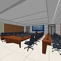 Modern Conference Room With Long Table Black Chairs Large Screen Wooden Walls Light Tile Floor