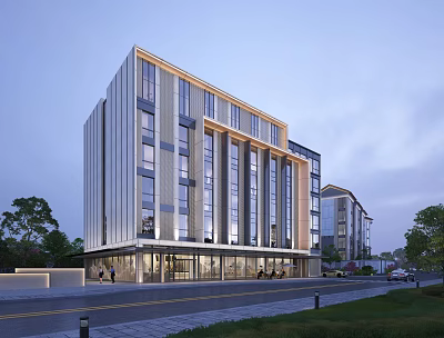 Modern Hotel Building Exterior Design With Large Glass Windows Multi Storey Structure And Greenery 3d model