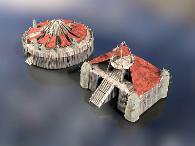 Ancient Tribal Towers With Red Roofs Wooden Stone Structure Circular Square Shape And Stairs 3d model