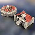 Ancient Tribal Towers With Red Roofs Wooden Stone Structure Circular Square Shape And Stairs