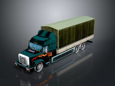Dark Green Freight Truck With Flame Decals And Canvas Covered Cargo Bed 3d model