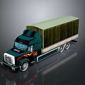 Dark Green Freight Truck With Flame Decals And Canvas Covered Cargo Bed