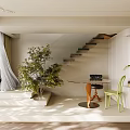 Modern Staircase In Bright Interior With Large Window Green Plant Round Table And Green Chairs