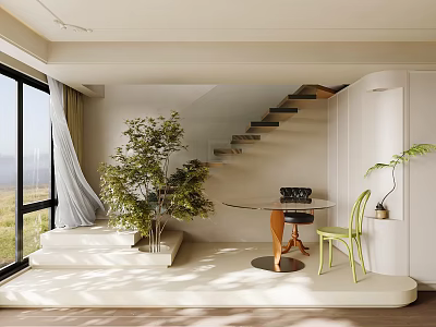 Modern Staircase In Bright Interior With Large Window Green Plant Round Table And Green Chairs 3d model