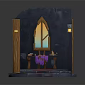 Medieval Wooden Furniture Table With Arched Window Red Carpet Stone Steps And Wall Lanterns