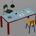 Light Blue Dining Table Set With Red Legs Green Yellow Chairs Fruit Vase And Chessboard