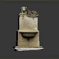 Lion Statue Lying On Top Of Stone Fountain With Basin And Base