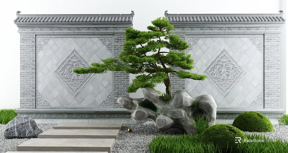 Traditional Chinese Courtyard Garden With Gray Tiled Roof Carved Walls Pine Tree And Stone 3d model 