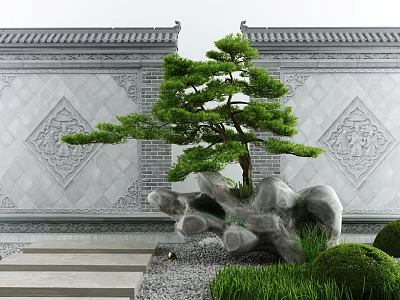 Traditional Chinese Courtyard Garden With Gray Tiled Roof Carved Walls Pine Tree And Stone 3d model