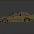 Vintage Rusted Green And Yellow Car With Broken Windows And Old Tires