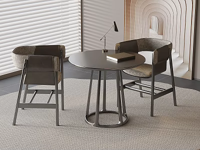Modern Round Table and Gray Chair Set With Metal Legs by Window Blinds and Rug 3d model