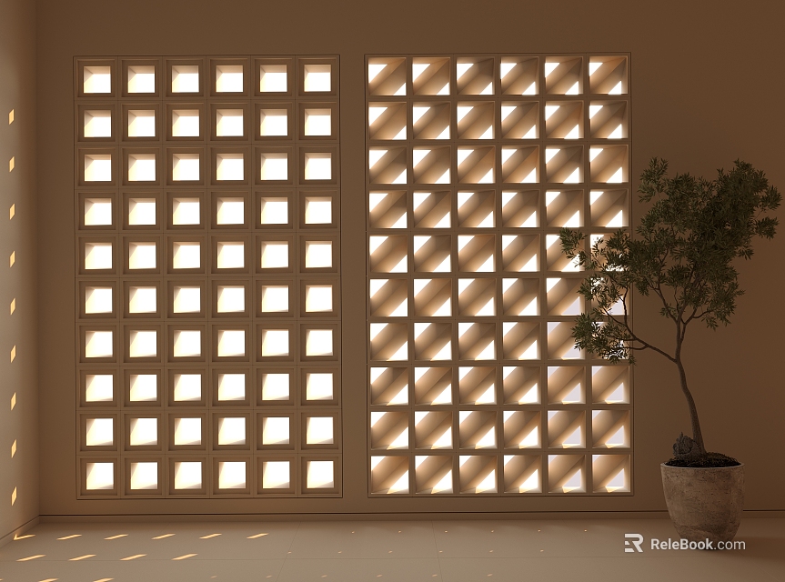 Modern Interior Partition with Lattice Design Illuminated Lighting and Potted Plant in Neutral Tone 3d model 