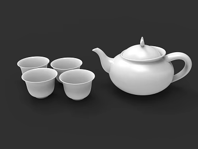 White Ceramic Tableware Set with Teapot and Four Teacups Simple Design 3d model