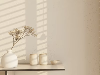 White Vase with Dried Flowers Textured Jars on Light Black Framed Tabletop and Shadow Effects 3d model