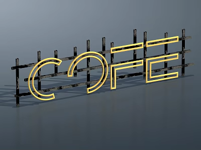 Cofe Neon Sign With Black Frame Structure And Yellow Lights 3d model