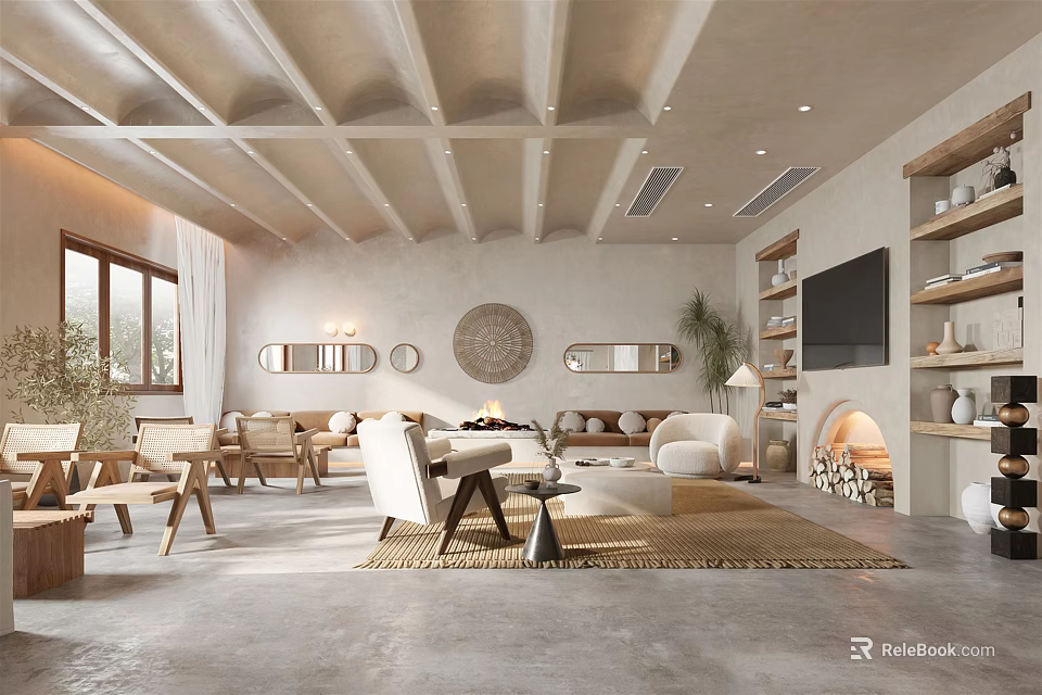 Hotel Public Lounge Area Featuring Wooden Ceiling Cozy Seating Fireplace And Natural Light Design 3d model 