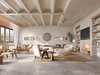 Hotel Public Lounge Area Featuring Wooden Ceiling Cozy Seating Fireplace And Natural Light Design 3d model