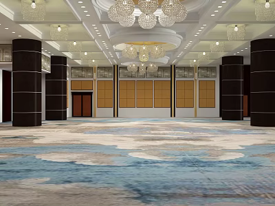 Luxurious Hotel Lobby Design Featuring Chandeliers Large Carpet And Decorative Columns 3d model