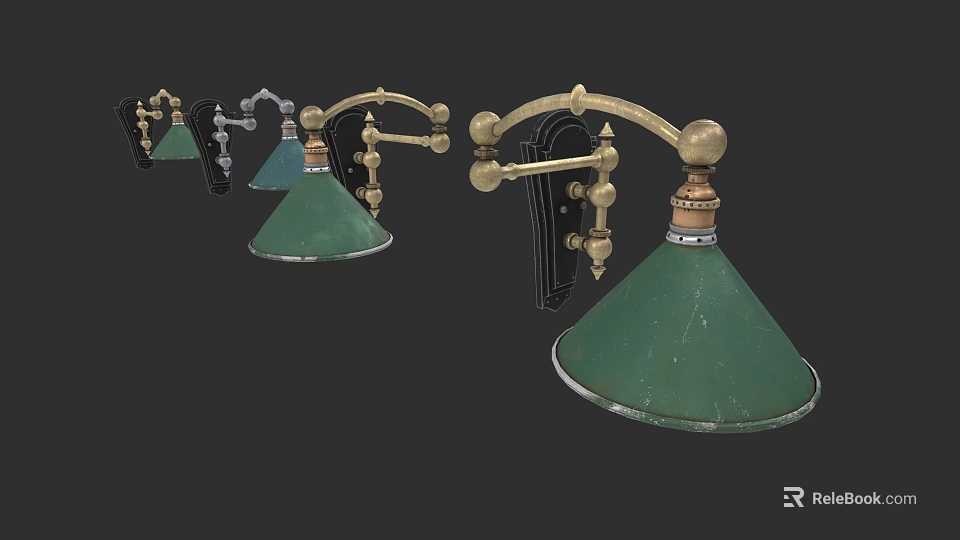 Vintage Style Table Lamps With Brass Metal Brackets And Green Shades Classic Design 3d model 