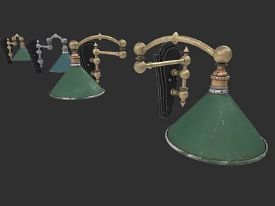 Vintage Style Table Lamps With Brass Metal Brackets And Green Shades Classic Design 3d model