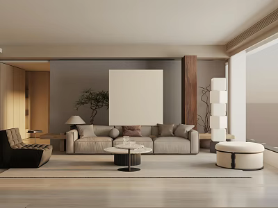 Contemporary Living Dining Room With Neutral Sofa Round Coffee Table And Floor To Ceiling Window 3d model