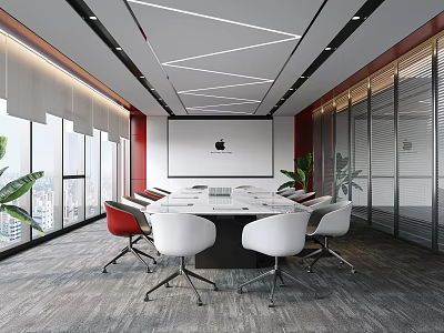 Modern Conference Room Interior With Large Windows White Red Chairs Black Table And Plants 3d model