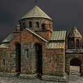 Ancient Stone Church Architecture With Dome Spire Arched Doors Cross And Stone Paved Base