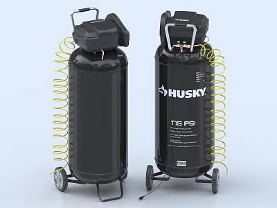 Husky Industrial Air Compressors Black With Yellow Hoses Wheels And 115 PSI 3d model