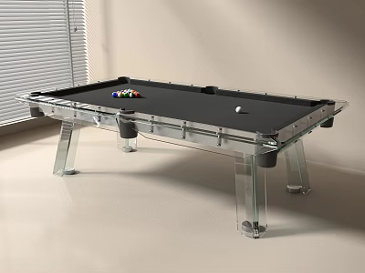 Contemporary Entertainment Pool Table with Transparent Legs Black Felt and Billiard Balls White Cue Ball 3d model