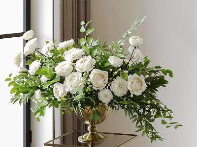White Roses With Green Leaves In Gold Vase On Metal Table By Window 3d model
