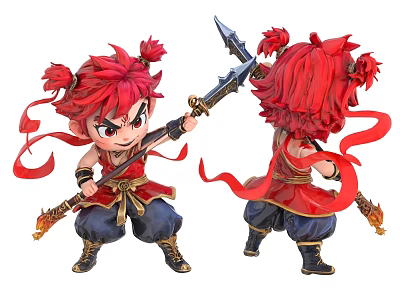 Chinese Style Doll with Red Hair Two Ponytails Red Top Blue Pants and Flaming Spear 3d model