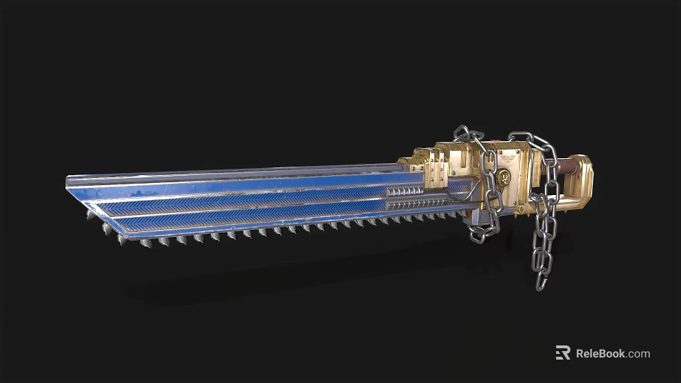 Blue And Golden Chainsaw Sword Weapon With Mechanical Structure And Chain 3d model 