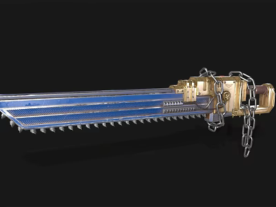 Blue And Golden Chainsaw Sword Weapon With Mechanical Structure And Chain 3d model