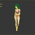 Anime Female Character With Purple Hair In Blue Swimsuit Standing On Gray Background