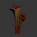 Unique Tropical Plants with Trumpet Shaped Brown Bodies and Curved Red Tentacle Like Appendages