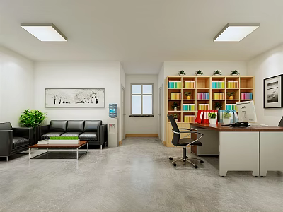 Modern Office Interior With Sofa Bookshelf Desk And Green Plants 3d model