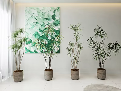 Indoor Bonsai Potted Plants in Gray Pots with Green Abstract Painting Background 3d model