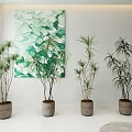 Indoor Bonsai Potted Plants in Gray Pots with Green Abstract Painting Background