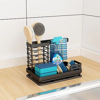 Practical Kitchen Utensil Organizer With Wooden Metal Brushes Dish Soap Checkered Cloth Blue Sponge 3d model