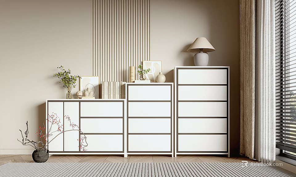 White Entryway Console and Side Cabinets with Lamp Green Plants Frames and Vertical Striped Wall 3d model 