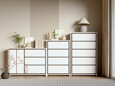White Entryway Console and Side Cabinets with Lamp Green Plants Frames and Vertical Striped Wall 3d model