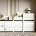 White Entryway Console and Side Cabinets with Lamp Green Plants Frames and Vertical Striped Wall